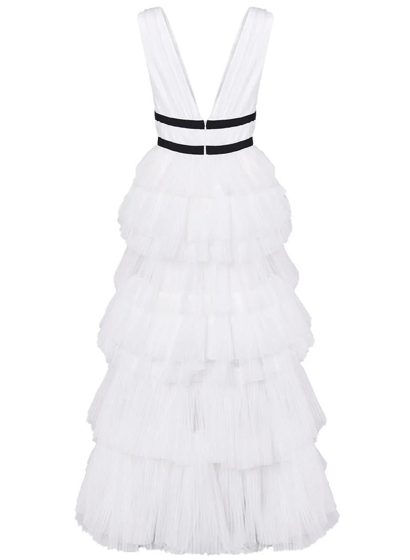 True Decadence Eliza White Plunging Neck Layered Tulle Skirt Maxi-Dress