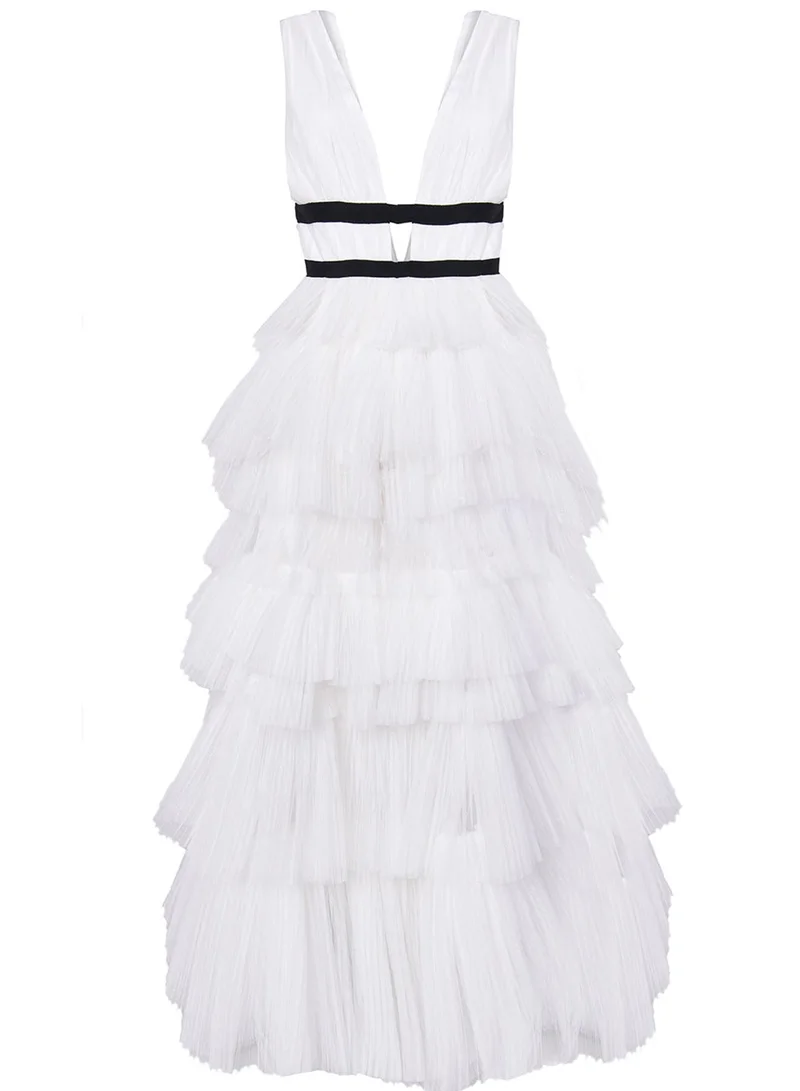 True Decadence Eliza White Plunging Neck Layered Tulle Skirt Maxi-Dress