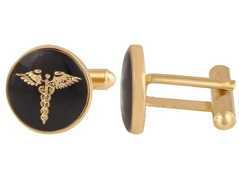 CUFFLINKS -Doctor Symbol Formal Round Black and Gold Cuff Link and Tie Pin Set with Doctor Insignia for Men and Women & (Gift Packing Best Frind) - Image 2
