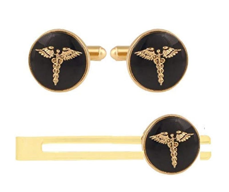 CUFFLINKS -Doctor Symbol Formal Round Black and Gold Cuff Link and Tie Pin Set with Doctor Insignia for Men and Women & (Gift Packing Best Frind) - Image 1