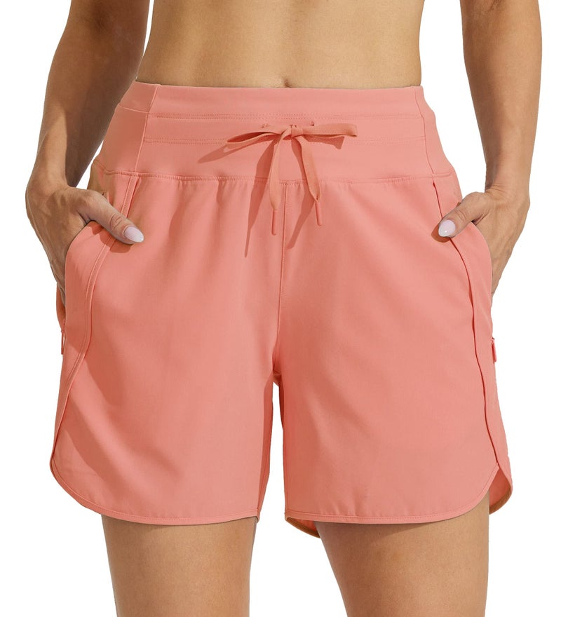 Willit Women's Athletic Running Shorts 5" Quick Dry Workout Hiking High Waisted Active Gym Exercise Zipper Pocket Coral L - Image 3