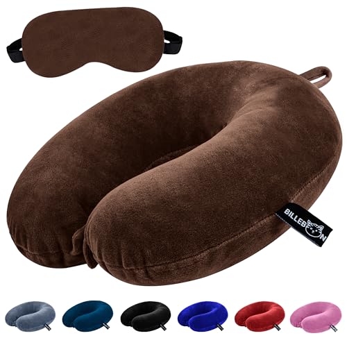 Billebon Premium Neck Pillow for Travelling Airplane Travel Pillow Comfortable Head Rest Neck Holder Pillow (Brown with Eye Mask) - Image 1