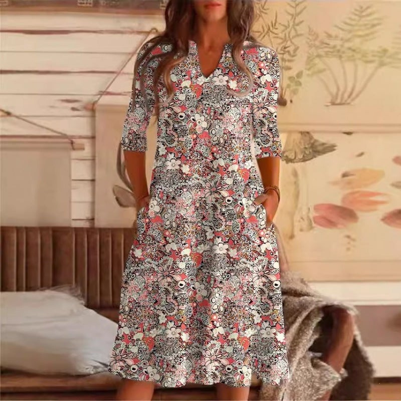 Women's Casual Floral Print V-Neck Dress with Pockets - Image 2