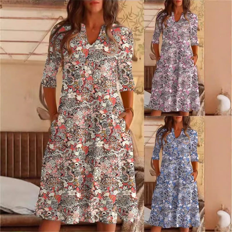 Women's Casual Floral Print V-Neck Dress with Pockets - Image 1