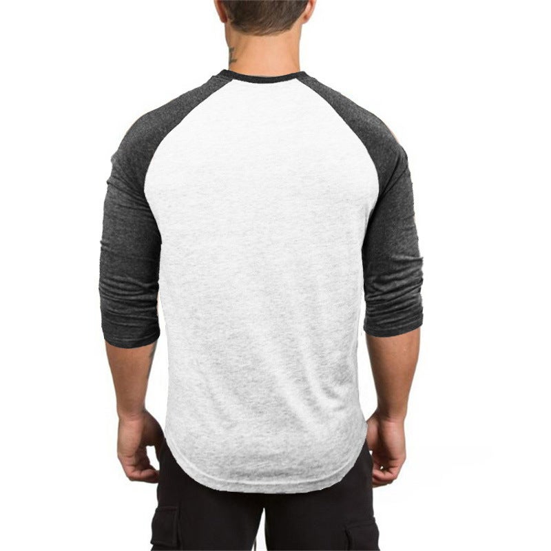 2019 Spring and Autumn Men's Fitness Mid-sleeve T-shirt Contrast Color Seven-sleeve Slim Fit Training Clothes Base Shirt for Men - Image 3
