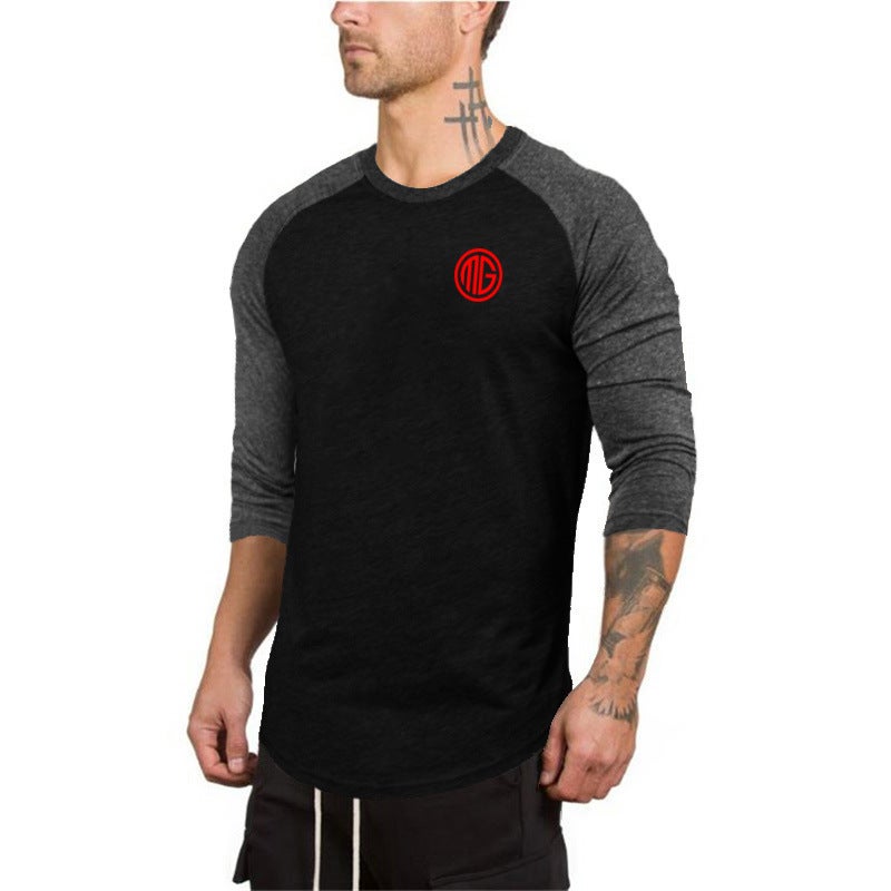 2019 Spring and Autumn Men's Fitness Mid-sleeve T-shirt Contrast Color Seven-sleeve Slim Fit Training Clothes Base Shirt for Men - Image 5