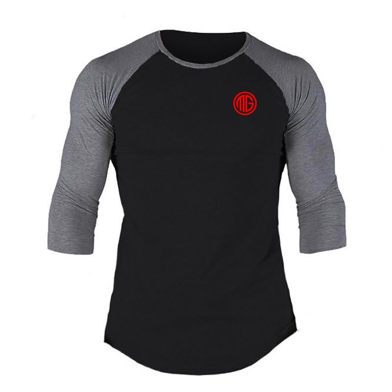 2019 Spring and Autumn Men's Fitness Mid-sleeve T-shirt Contrast Color Seven-sleeve Slim Fit Training Clothes Base Shirt for Men - Image 1