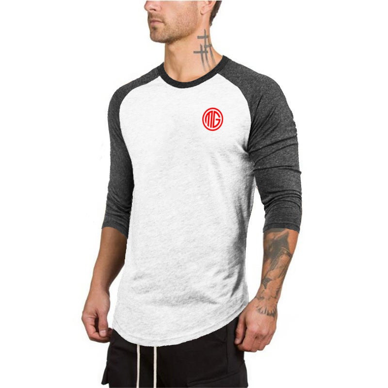 2019 Spring and Autumn Men's Fitness Mid-sleeve T-shirt Contrast Color Seven-sleeve Slim Fit Training Clothes Base Shirt for Men - Image 2