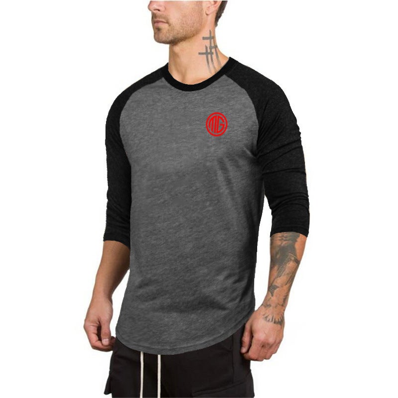 2019 Spring and Autumn Men's Fitness Mid-sleeve T-shirt Contrast Color Seven-sleeve Slim Fit Training Clothes Base Shirt for Men - Image 4