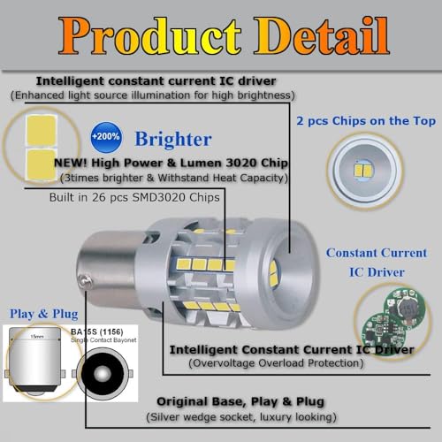 CLOUDSALE P21W BA15S 1156 LED Bulbs White 6000K Built in Resistor with 6000LM Extremely Bright for Car Side Marker, Brake, Revers, Backup Daytime Running Light (Pack of 2) - Image 4