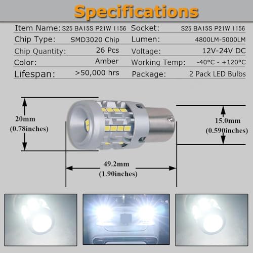 CLOUDSALE P21W BA15S 1156 LED Bulbs White 6000K Built in Resistor with 6000LM Extremely Bright for Car Side Marker, Brake, Revers, Backup Daytime Running Light (Pack of 2) - Image 3