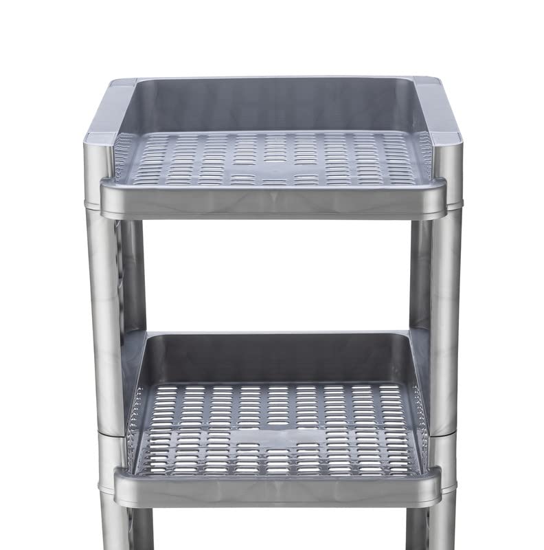 Finner Square 2 Layer Multipurpose Shelf Stand Basket Rack Trolley with Wheels for Kitchen Office Use EasytoMove Slide Out Stand Rack Basket Fruits Vegetables Basket StandGrey - Image 3