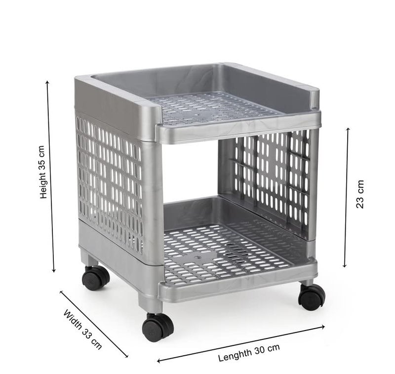 Finner Square 2 Layer Multipurpose Shelf Stand Basket Rack Trolley with Wheels for Kitchen Office Use EasytoMove Slide Out Stand Rack Basket Fruits Vegetables Basket StandGrey - Image 2