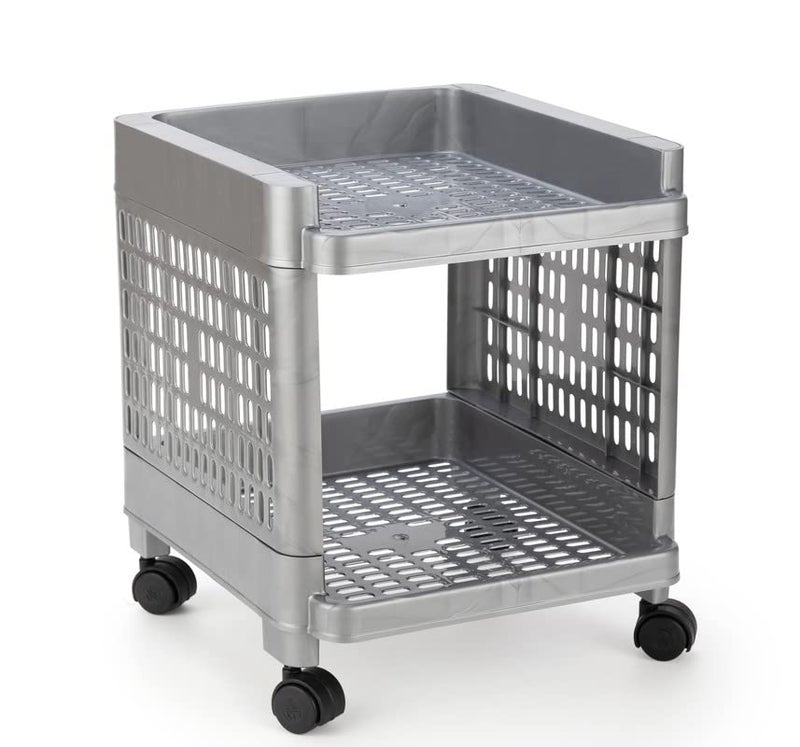 Finner Square 2 Layer Multipurpose Shelf Stand Basket Rack Trolley with Wheels for Kitchen Office Use EasytoMove Slide Out Stand Rack Basket Fruits Vegetables Basket StandGrey - Image 1