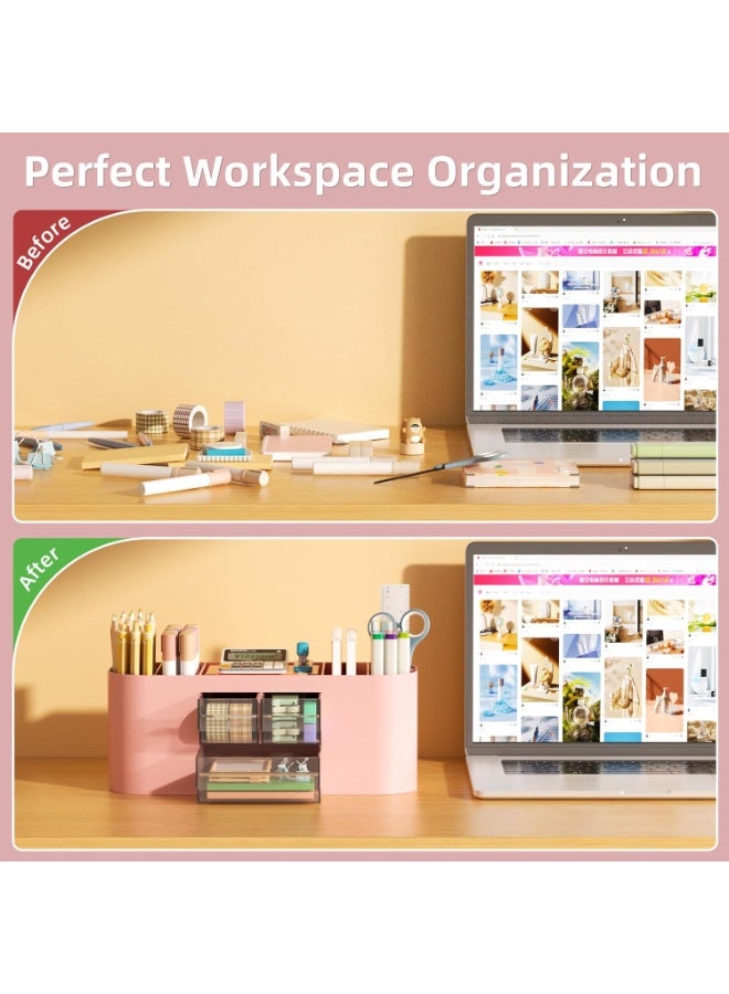 Arabest Desk Organizer Pen Holder for Desk with 3 Drawers, Multi-Functional Pencil Holder, Desk Organizers and Accessories with 7 Compartments for Home, School, Classroom(Pink) - Image 4