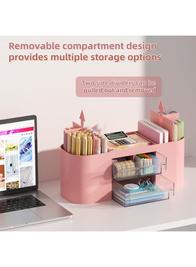 Arabest Desk Organizer Pen Holder for Desk with 3 Drawers, Multi-Functional Pencil Holder, Desk Organizers and Accessories with 7 Compartments for Home, School, Classroom(Pink) - Image 3