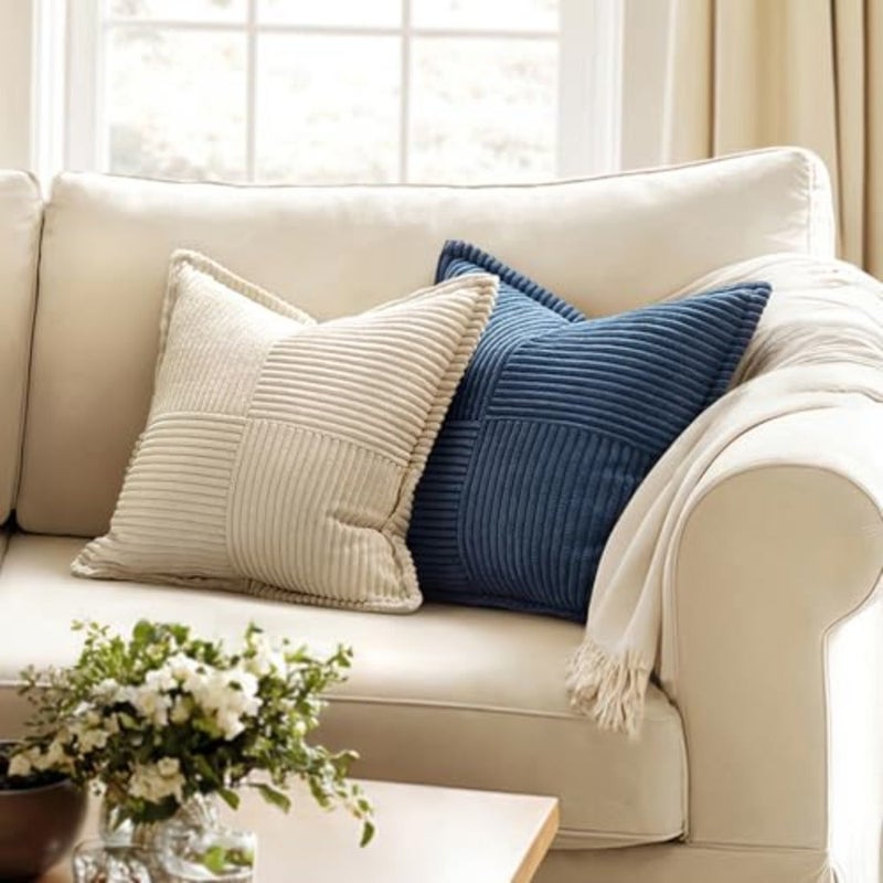 Decorative Throw Pillow Covers for Couch Bed Livingroom 20x20 Inch Set of 2 Boho Accent Throw Pllows Broadside Striped Patchwork Soft Corduroy Summer Coastal Pillowcases - Image 2