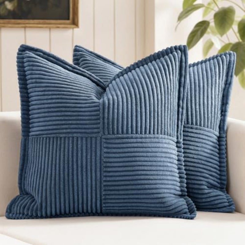 Decorative Throw Pillow Covers for Couch Bed Livingroom 20x20 Inch Set of 2 Boho Accent Throw Pllows Broadside Striped Patchwork Soft Corduroy Summer Coastal Pillowcases - Image 1