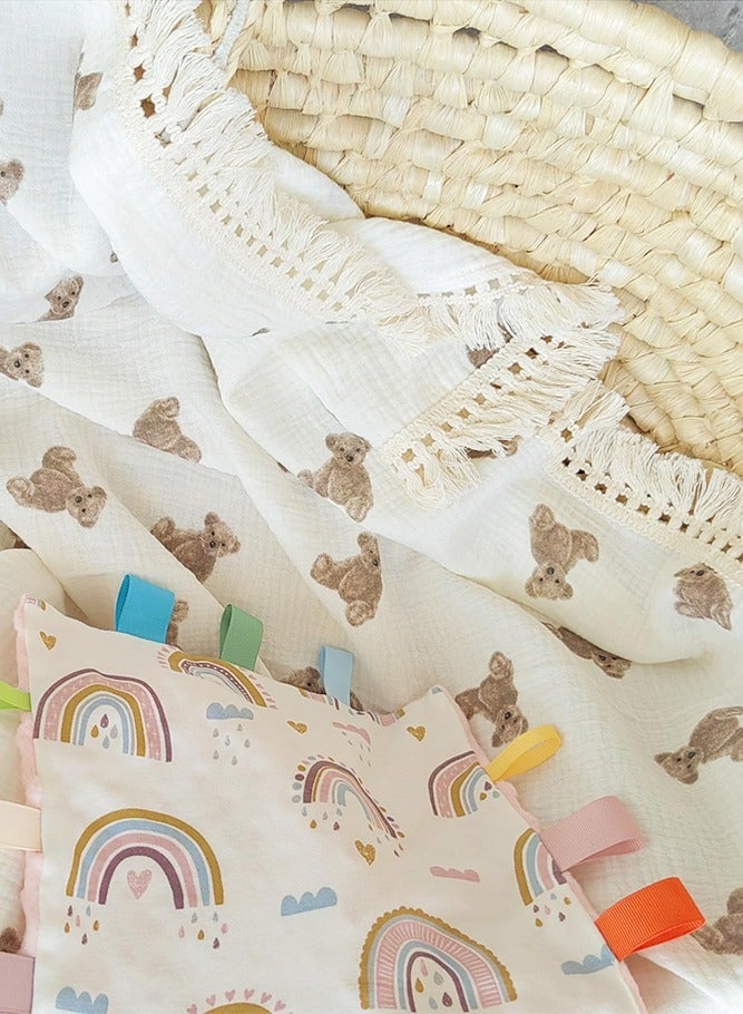 DOOKOO Cotton Muslin Baby Blanket with Tassel, Boho Muslin Swaddle Blanket Baby Receiving Blanket with Fringe, Nursing Blankets for Toddler Infant (120*100cm, Little Bear) - Image 4