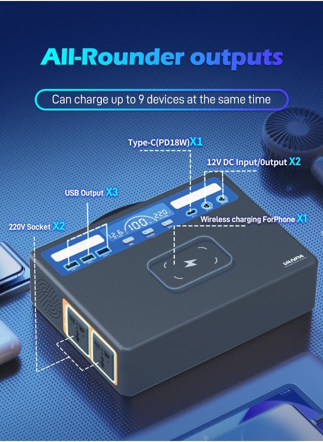 VANPA - 600W Portable Power Station Pure Sine Wave Lithium Battery AC 220v Output Backup Powerbank Solar Generator For camping - Image 1