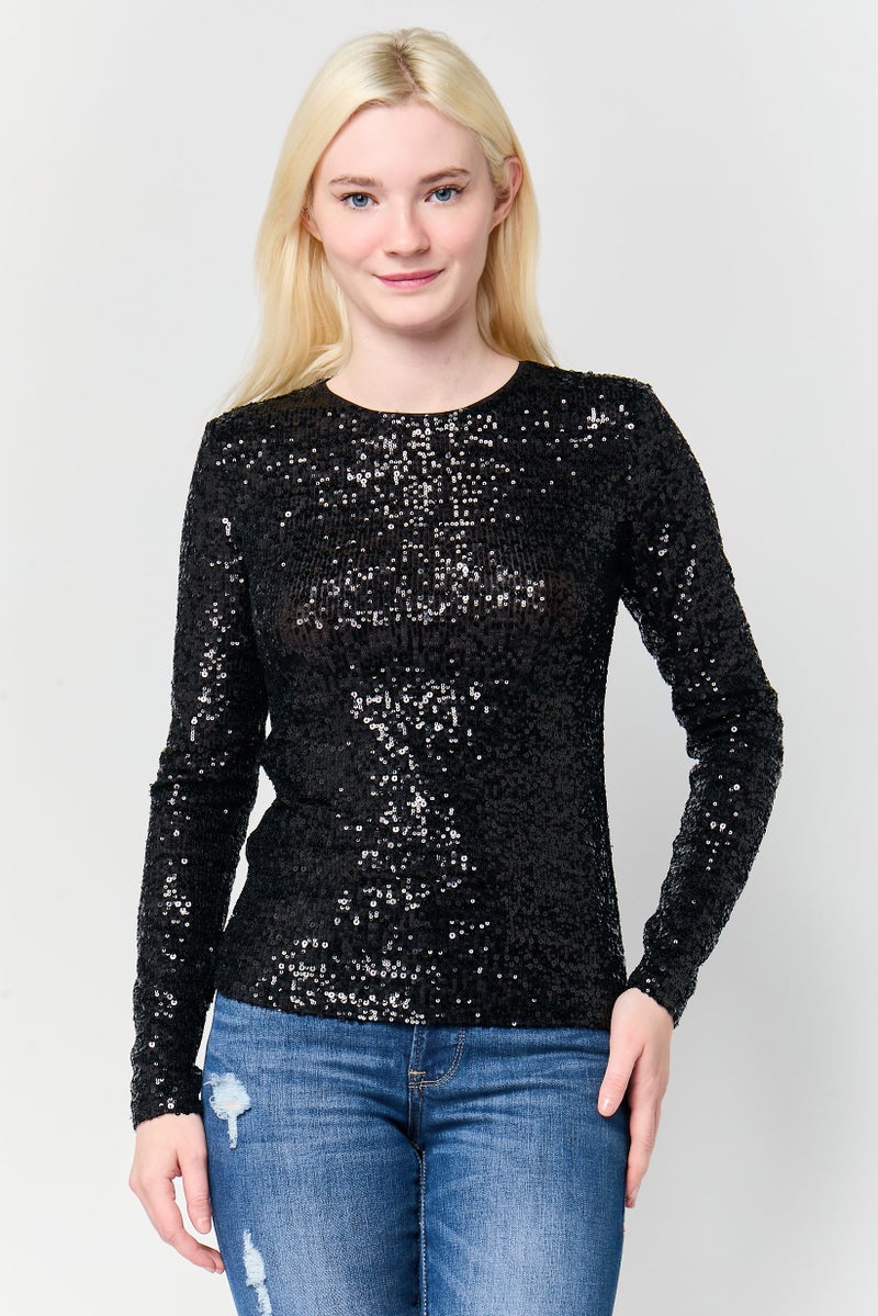 DKNY Women Crew Neck Textured Long Sleeve Top, Black - Image 1