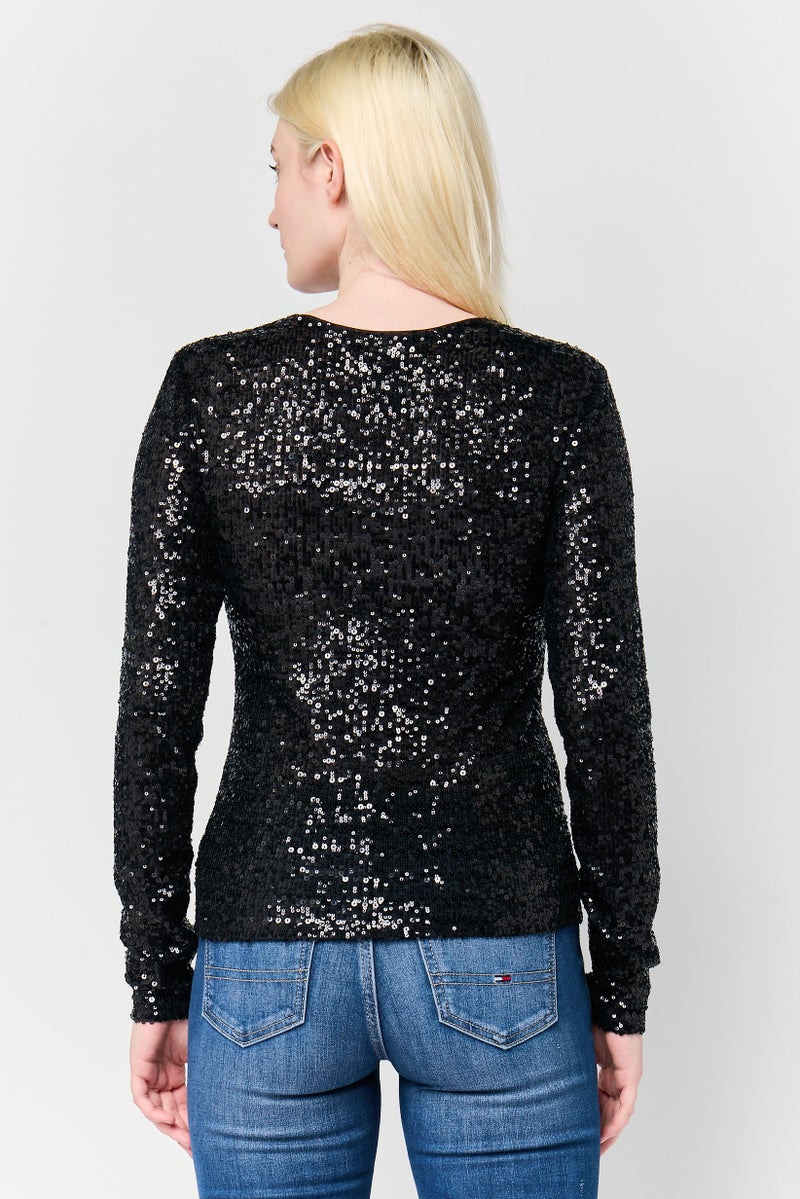 DKNY Women Crew Neck Textured Long Sleeve Top, Black - Image 4