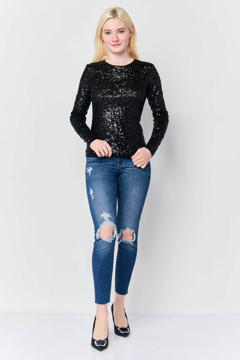 DKNY Women Crew Neck Textured Long Sleeve Top, Black - Image 2