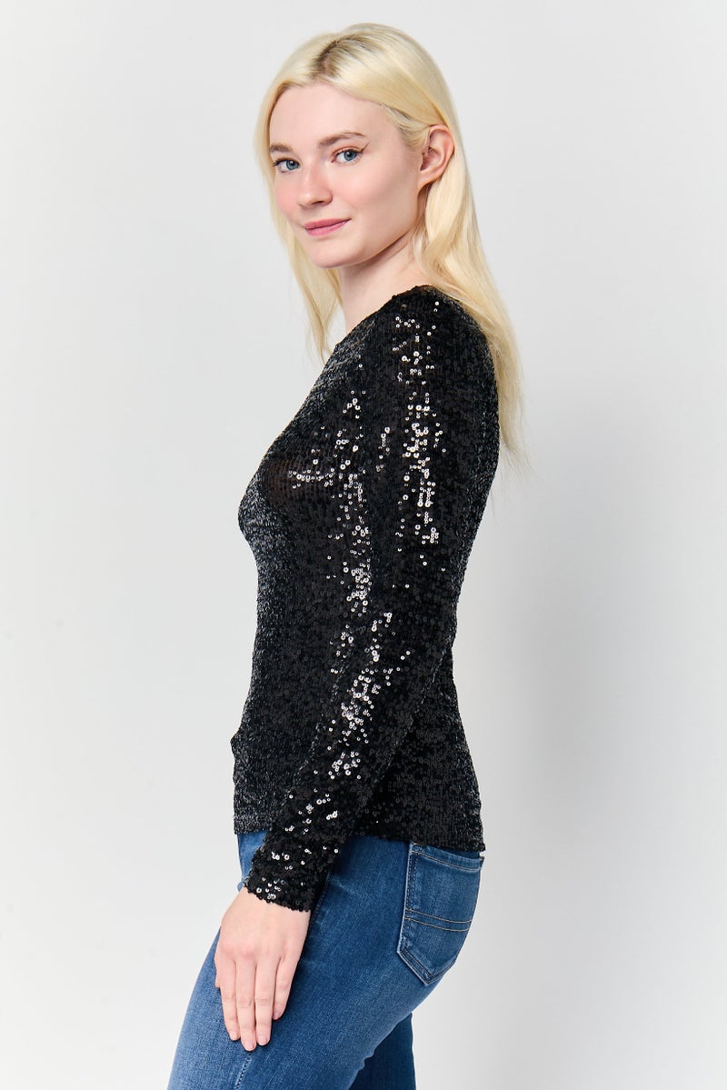 DKNY Women Crew Neck Textured Long Sleeve Top, Black - Image 3