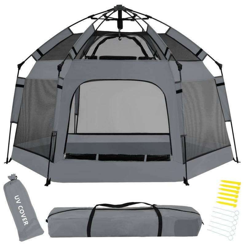 GEIYATOI Pop Up Playpen for Babies with Canopy Safety Lock Outdoor Baby Playpen with 6 Ground Stakes 6 Sand Stakes UV Protection Carry Bag Instant Beach Tent for IndoorOutdoor UseGrey 