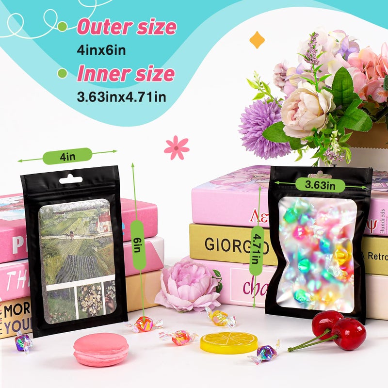 Funfery 300 Pack Smell Proof Resealable Bags for Food Storage,Mylar Clear Bags 4x6 Black Packaging Bag- Edibles,Odorless Scent Proof Bag for Cookies, Zip Foil Pouch for Small Business, trading card - Image 2