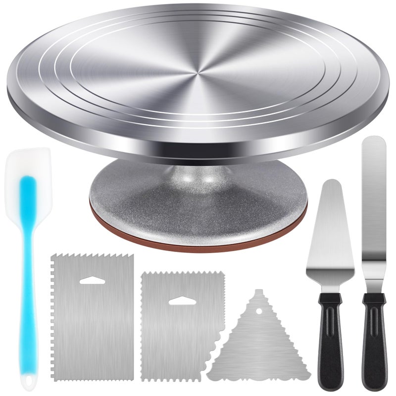 Kootek Aluminium Cake Turntable Set, Baking Tools with Revolving 12" Cake Stand for Decorating, 12.7" Offset Spatula, 3 Stainless Steel Frosting Icing Smoother, Cake Serve Cake Decorating Kit Supplies - Image 1