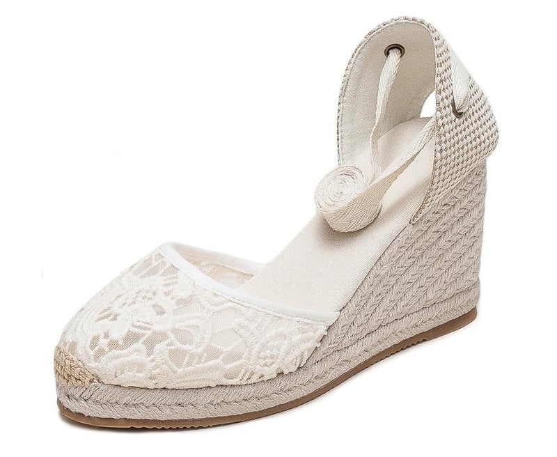 U-lite Womens Espadrille Wedge Sandals Closed Toe Platform Lace Up Ankle Strap Slingback Summer Dress Shoes White Lace-3" 7 - Image 1