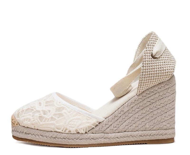 U-lite Womens Espadrille Wedge Sandals Closed Toe Platform Lace Up Ankle Strap Slingback Summer Dress Shoes White Lace-3" 7 - Image 3
