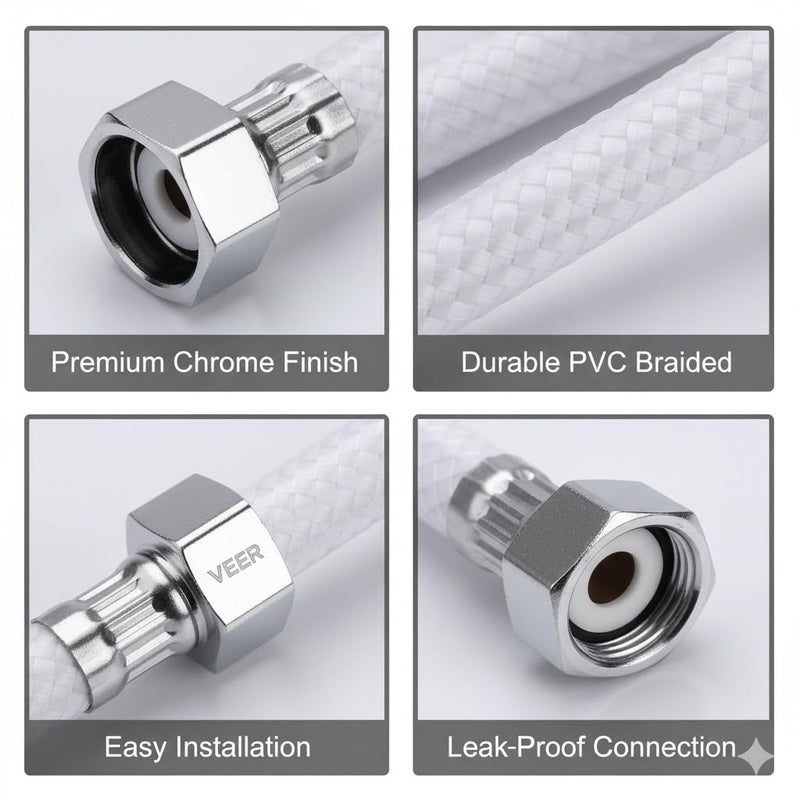 Veer أنبوب توصيل سخان PVC | خرطوم مرن ثقيل للاستخدام في الماء الساخن والبارد | أنبوب مانع للتسرب لحوض الغسيل، الحوض، الصنبور وغسالة الملابس - عبوة من 2 (18 بوصة) - Image 3