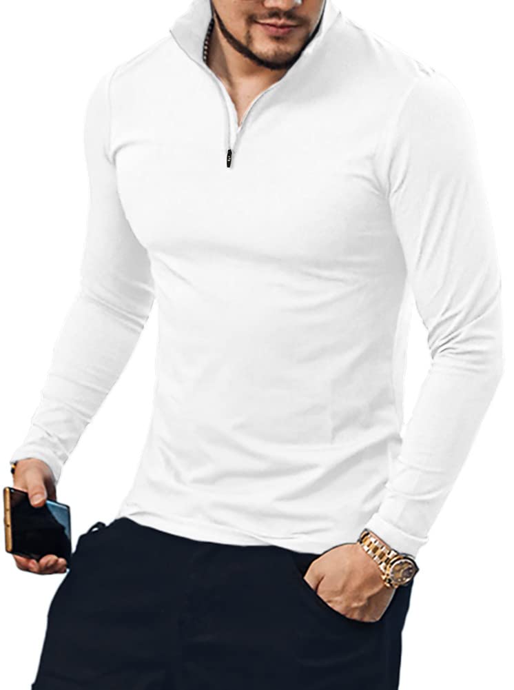 YTD Men's Classic Zip Up Long Sleeve Polo Shirts Casual Slim Fit Tops Basic Designed Cotton Shirts L White - Image 3