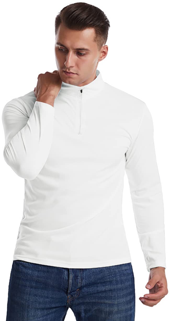 YTD Men's Classic Zip Up Long Sleeve Polo Shirts Casual Slim Fit Tops Basic Designed Cotton Shirts L White - Image 4