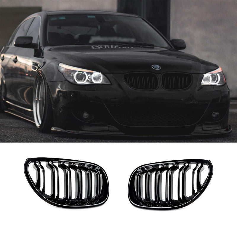 Generic BLWGROW Front Kidney Grille Compatible with 2003-2009 BMW 5 series 520i 523i 525i 528i 530i 535i 550i BMW E60 Kidney Grill Glossy Black Double Slats  - Image 1