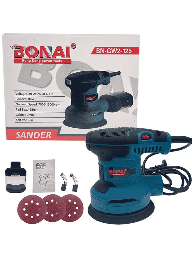 BONAI BN-GW2-125 Orbital Sander, 1000W, 230-240V, 6-Speed, 125mm Pad, Self-Vacuum Dust Collection, Includes P60, P80, P120 Sandpapers, 7000-13000rpm. - Image 1