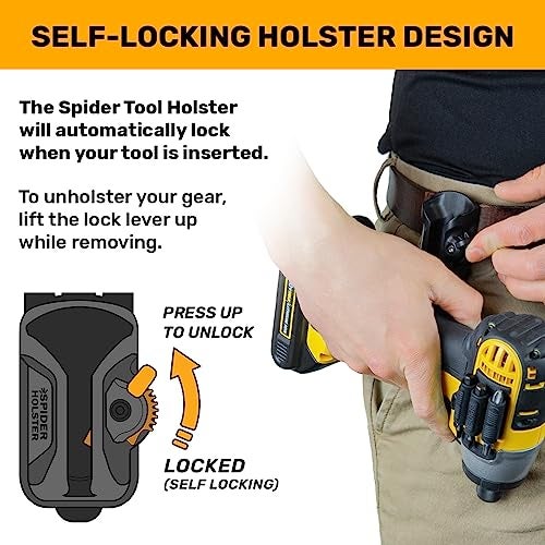 Spider Tool Holster - Dual Tool Kit - Adhesive BitGrippers + Self Locking, Quick Draw Belt Holster Clip for Carrying a Power Drill, Driver, Multitool, Pneumatic, Flashlight, Hammer, Saw and More! - Image 4