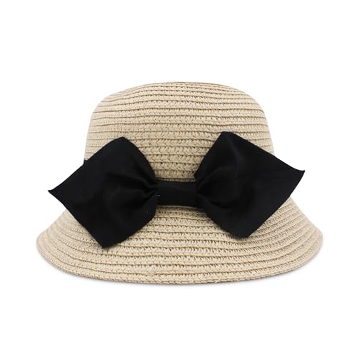 VRITRAZ Kids Straw Cloth Bow Breathable Hat , Summer Sun Protection, 6 to 14 Years (Color-Barbell Beige) - Image 1