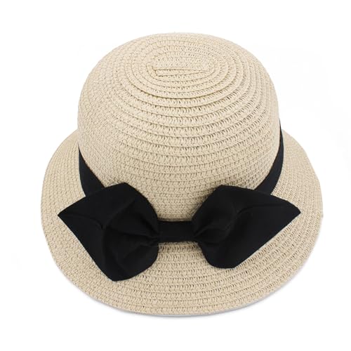 VRITRAZ Kids Straw Cloth Bow Breathable Hat , Summer Sun Protection, 6 to 14 Years (Color-Barbell Beige) - Image 2