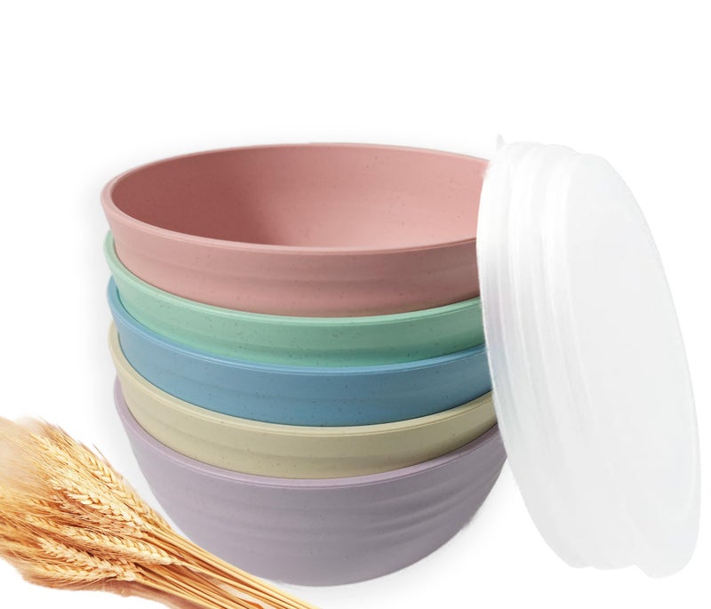 falichchch 5 Pack Unbreakable Wheat Straw Bowls with Lid, 26 OZ Cereal Bowls for Kitchen, Dishwasher Safe Soup and Salad Bowls, Reusable microwave bowl for Ice Cream,Snack and Fruits - Image 1