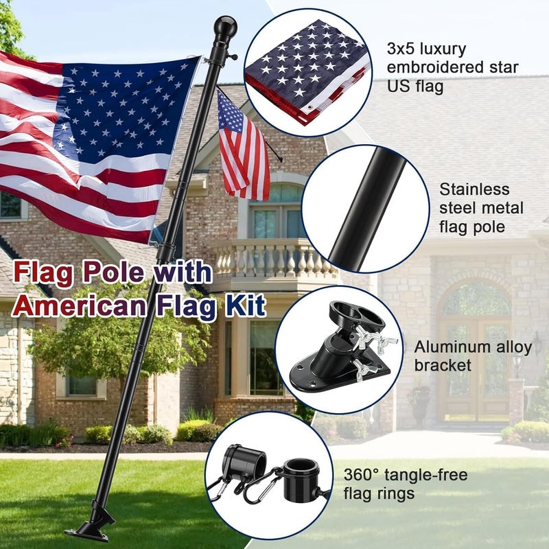 Barcetine American Flag with Pole - Includes 5ft Heavy Duty Flag Pole Holder for Outside House,3x5 Embroidered US Flag and Wall Mount Bracket,Tangle Free Flagpoles Kit for Porch,Garage,Outdoor - Image 2