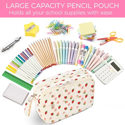 WOBAGMEN Cute Pencil Case for Girls,Large Corduroy Zippered Pencil Case Pouch, aesthetic Pencil Bag with Compartments, Soft Pencil Pouch School Supplies for Teen Girls Boys and Women (strawberry) - Image 5
