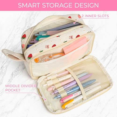 WOBAGMEN Cute Pencil Case for Girls,Large Corduroy Zippered Pencil Case Pouch, aesthetic Pencil Bag with Compartments, Soft Pencil Pouch School Supplies for Teen Girls Boys and Women (strawberry) - Image 3
