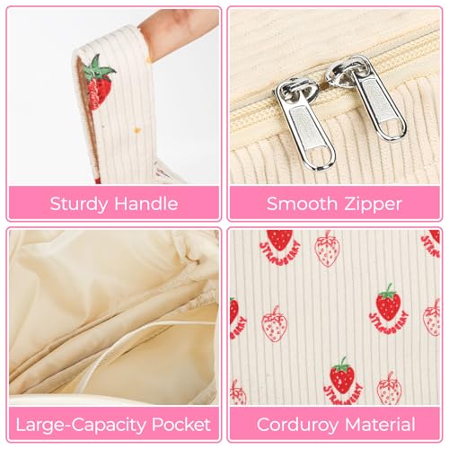 WOBAGMEN Cute Pencil Case for Girls,Large Corduroy Zippered Pencil Case Pouch, aesthetic Pencil Bag with Compartments, Soft Pencil Pouch School Supplies for Teen Girls Boys and Women (strawberry) - Image 4