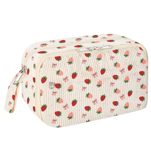 WOBAGMEN Cute Pencil Case for Girls,Large Corduroy Zippered Pencil Case Pouch, aesthetic Pencil Bag with Compartments, Soft Pencil Pouch School Supplies for Teen Girls Boys and Women (strawberry) - Image 1