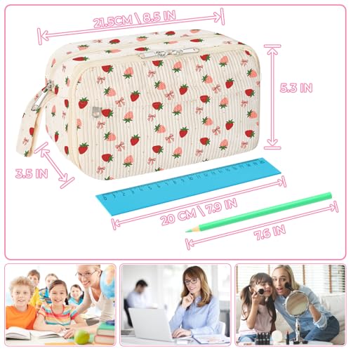 WOBAGMEN Cute Pencil Case for Girls,Large Corduroy Zippered Pencil Case Pouch, aesthetic Pencil Bag with Compartments, Soft Pencil Pouch School Supplies for Teen Girls Boys and Women (strawberry) - Image 2