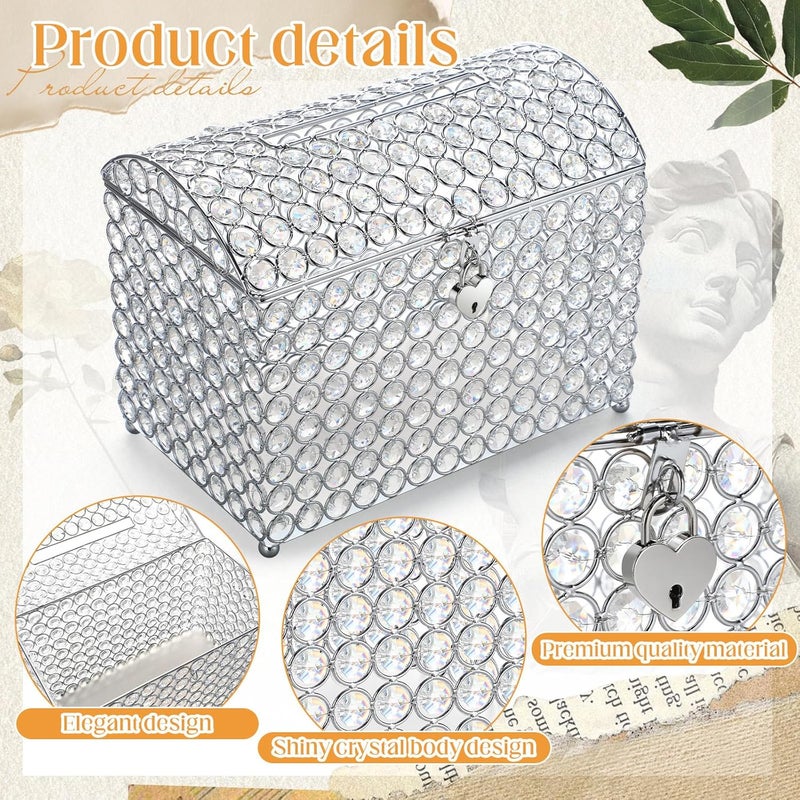 Nitial Crystal Wedding Card Box with Heart Lock 11in Wedding Money Box Treasure Chest Silver Bead Card Receiving Memory Storage for Reception Brithday Graduation Baby Shower Party (Elegant Style) - Image 4