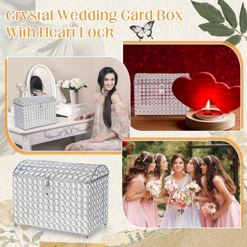 Nitial Crystal Wedding Card Box with Heart Lock 11in Wedding Money Box Treasure Chest Silver Bead Card Receiving Memory Storage for Reception Brithday Graduation Baby Shower Party (Elegant Style) - Image 5
